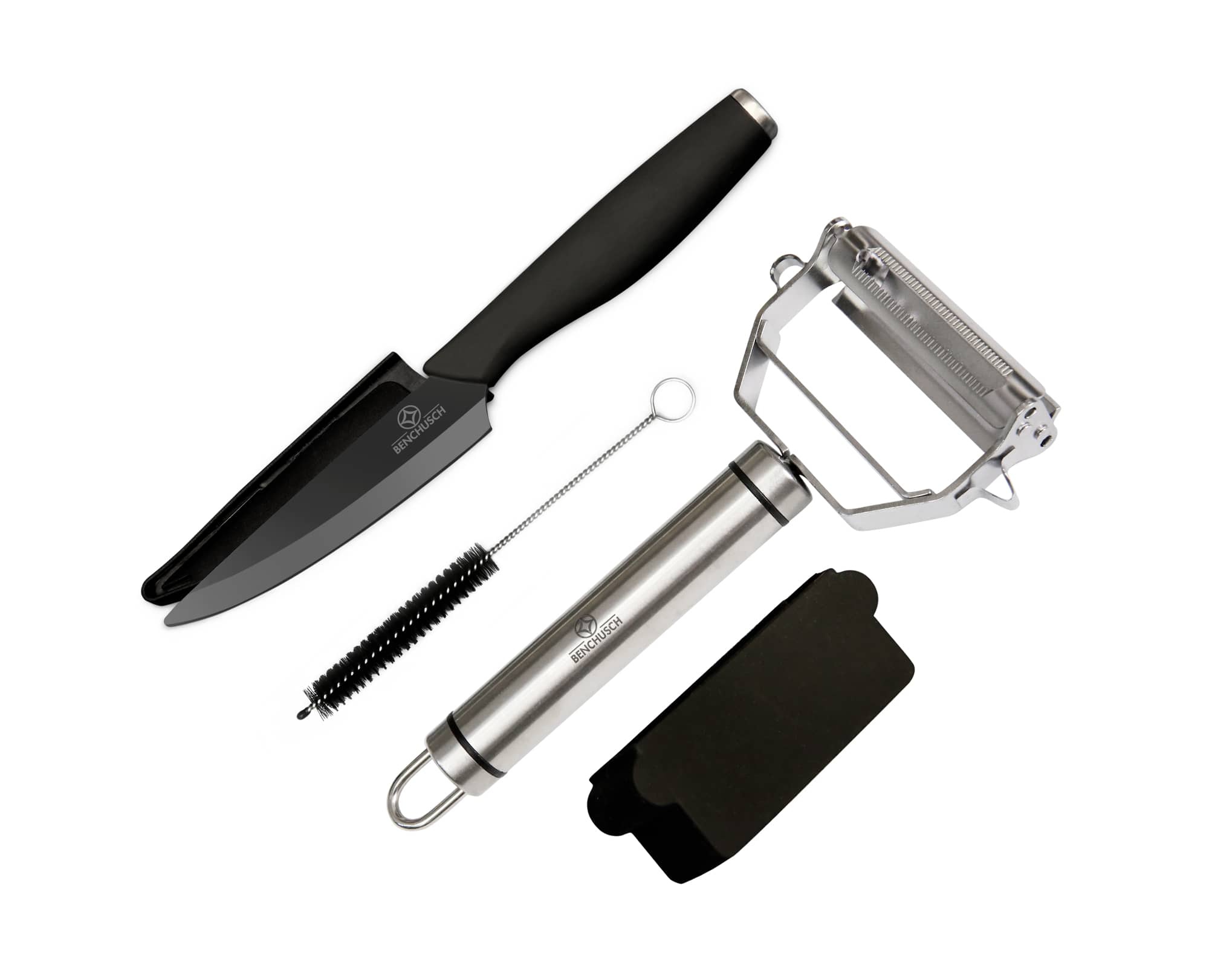 Benchusch Zirconia Series Vegetable Peeler & Ceramic Paring Knife Set, black color with stainless steel blade, rubber cover