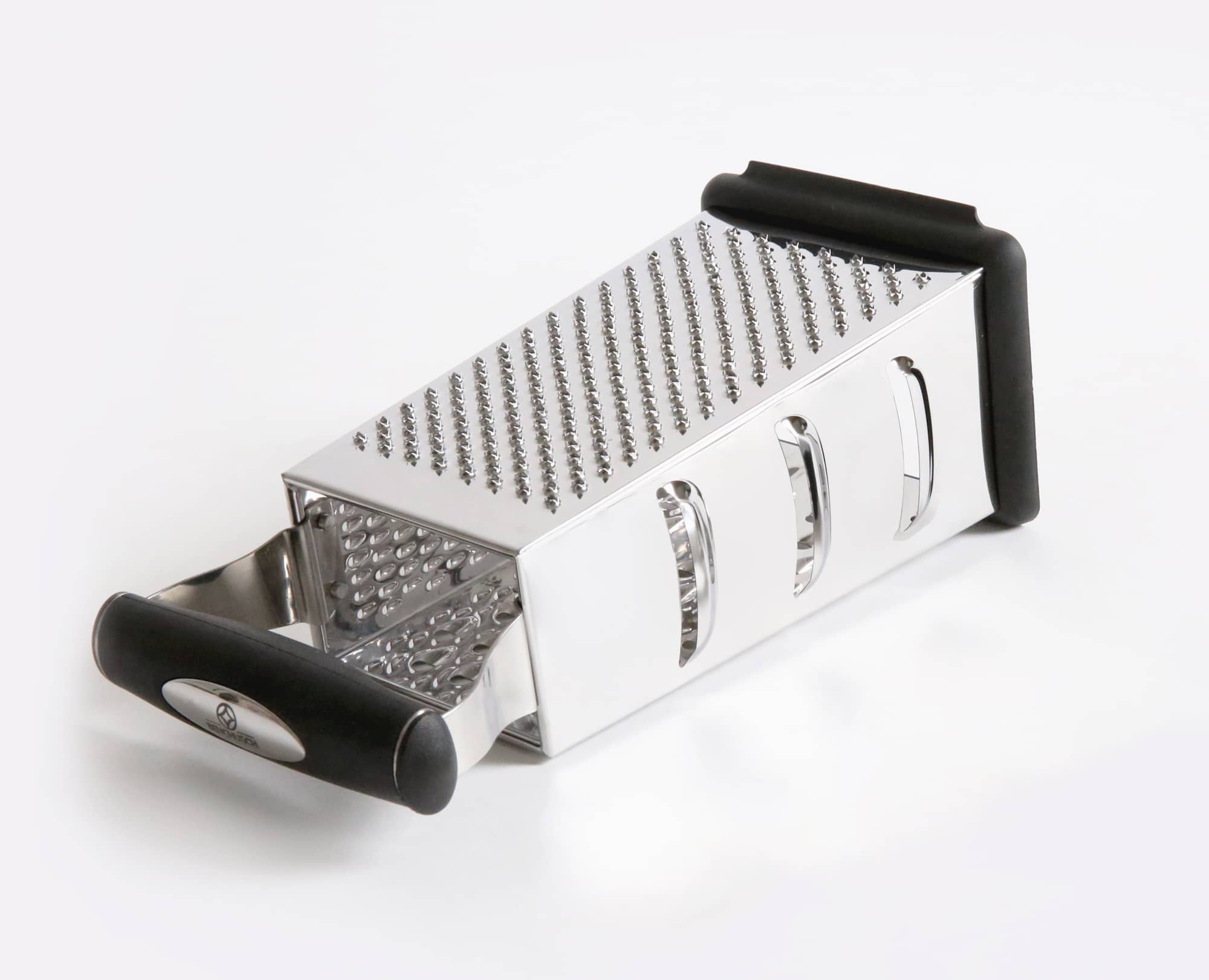 Close View of Benchusch 4 Sided Grater Box, black color with stainless steel blade, Non-Slip Base and Ergonomic Handle