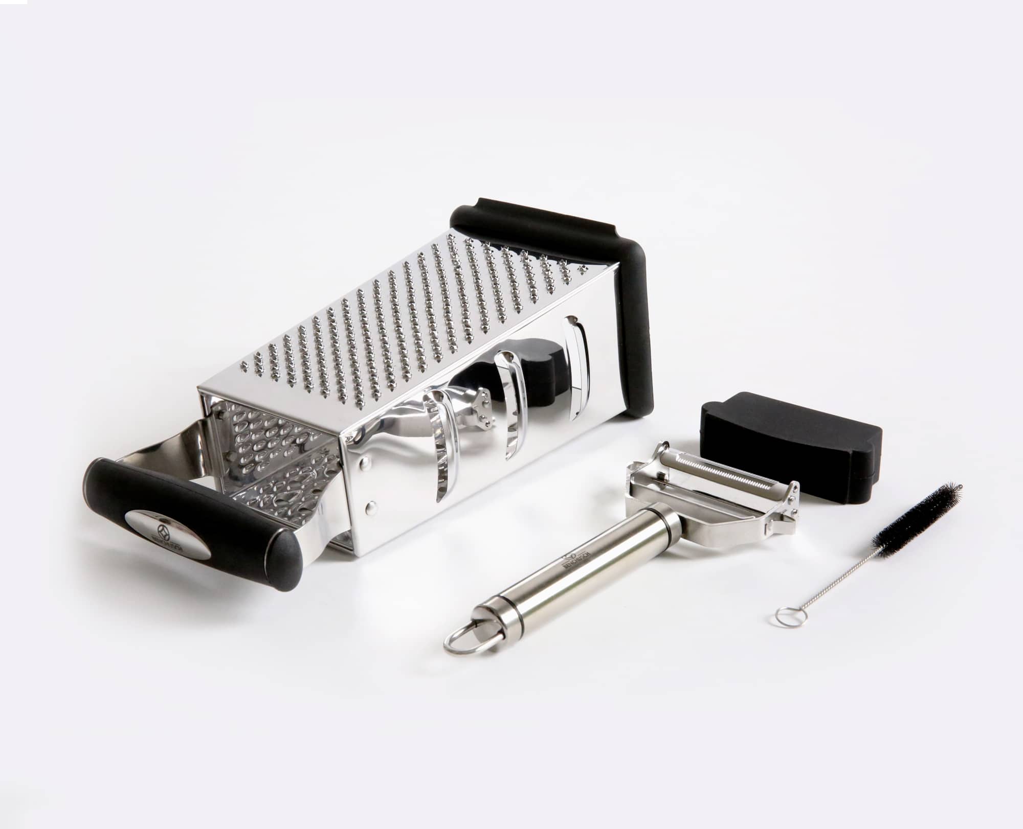 Benchusch 4 Sided Grater Box & Peeler Set, black color with stainless steel blade, Non-Slip Base and Ergonomic Handle
