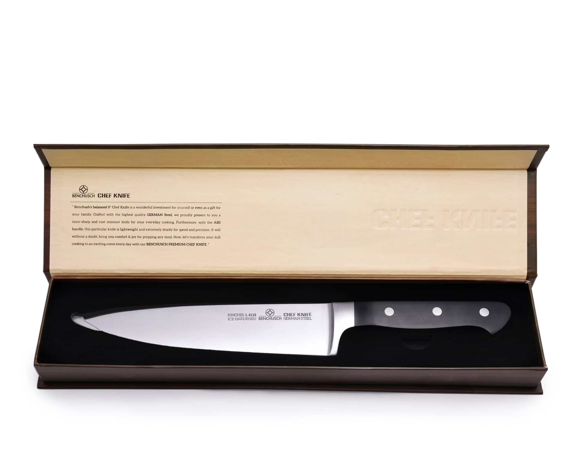 Benchusch Professional 8-Inch Chef Knife with opened elegant box