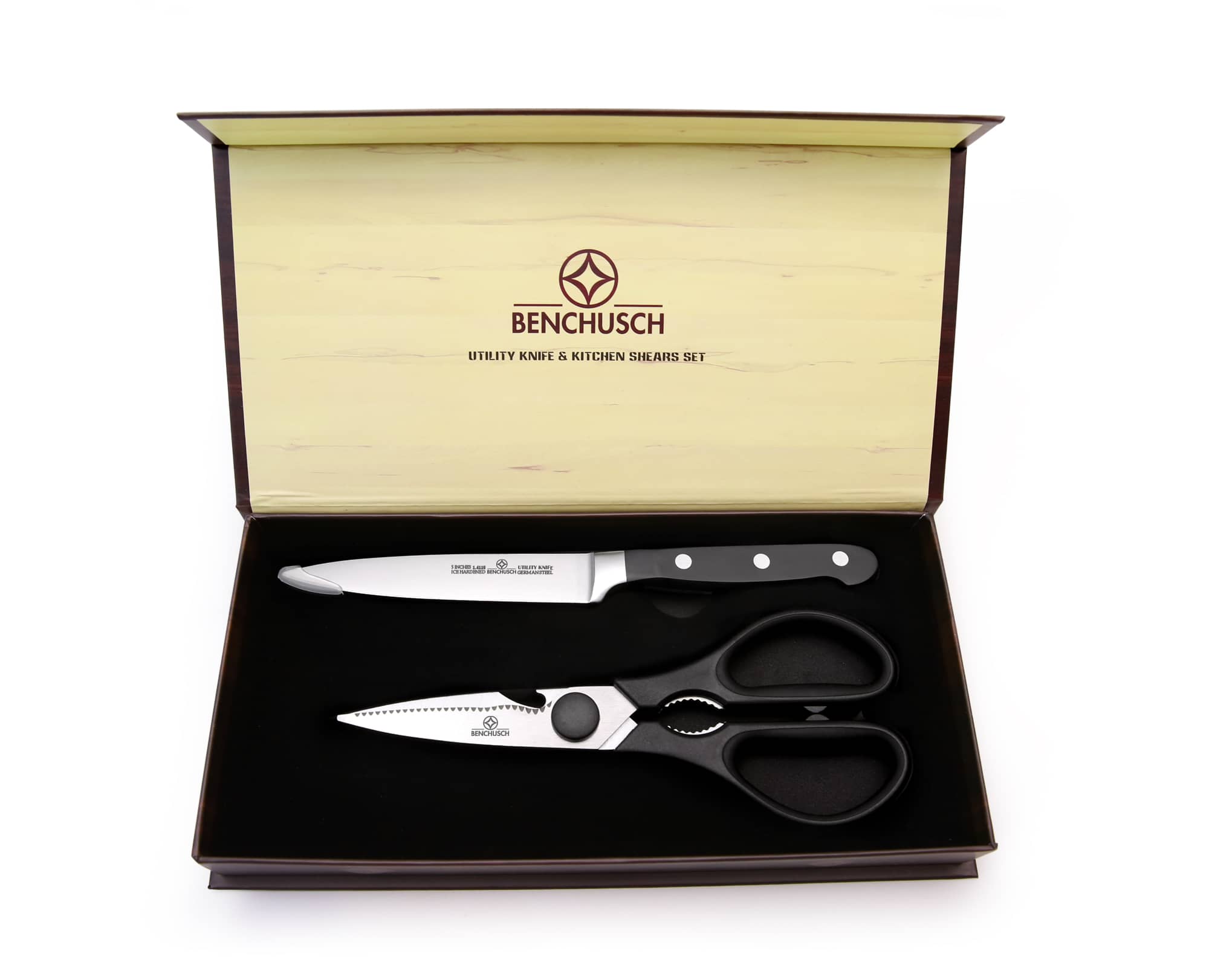 Benchusch Classic 5-inch Utility Knife and 8-Inch Scissors with opened elegant box