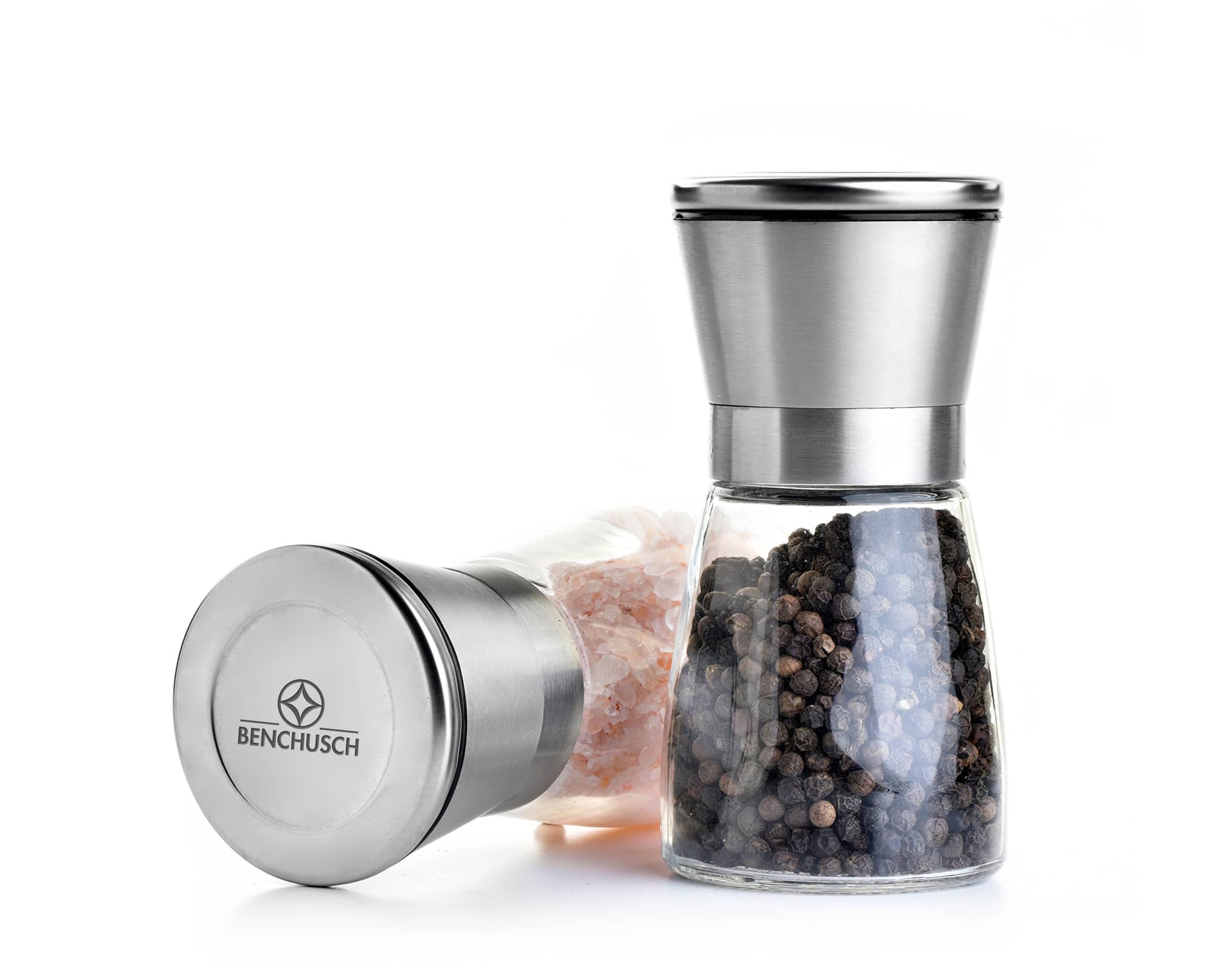 Benchusch Salt and Pepper Mills Set with Glass Body and Stainless Steel Cover