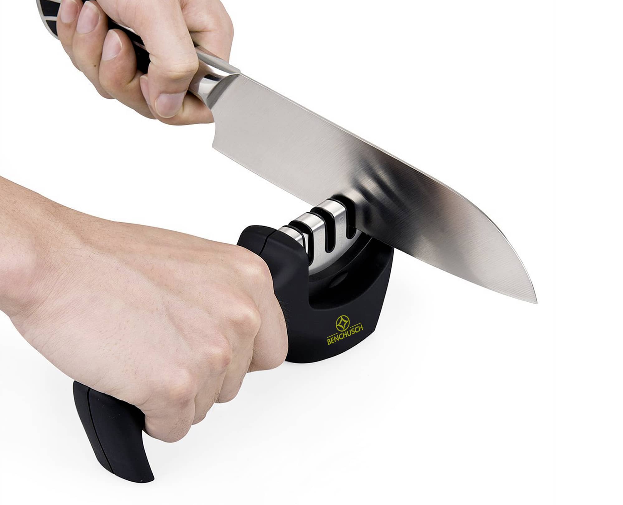 A Man sharp the knife with Benchusch Three-Stage Knife Sharpener