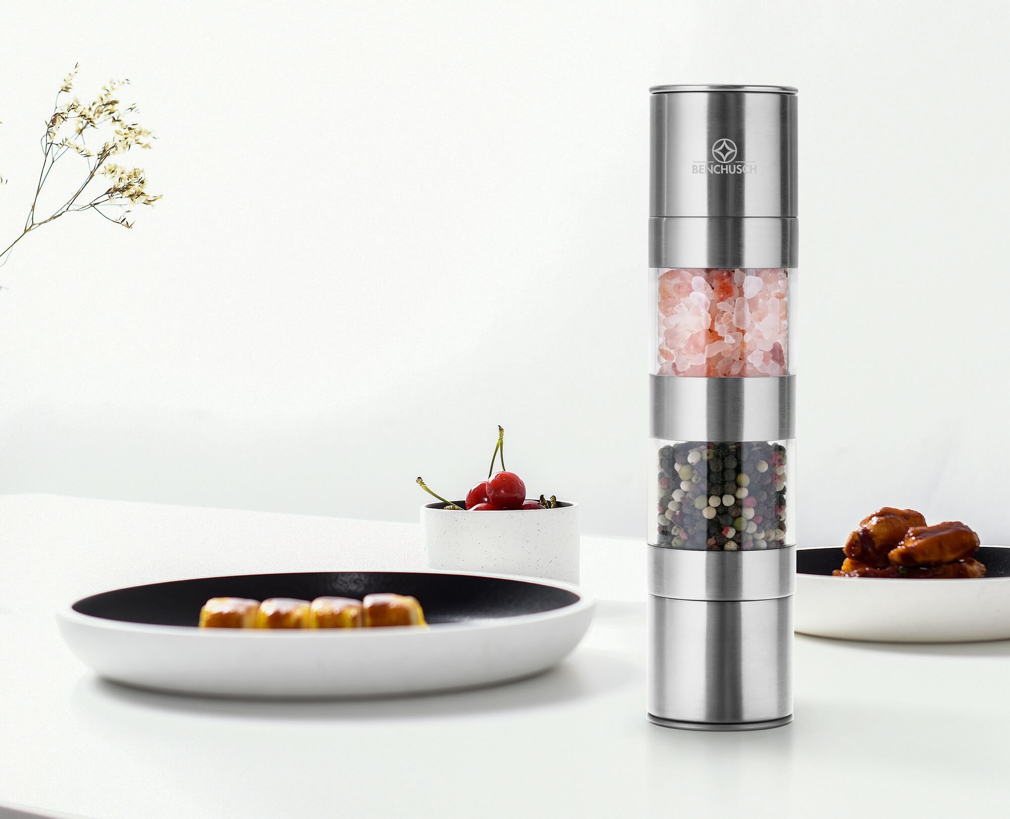 Benchusch Modern 2 in 1 Salt and Pepper Grinder on the dinning table with the other dishes