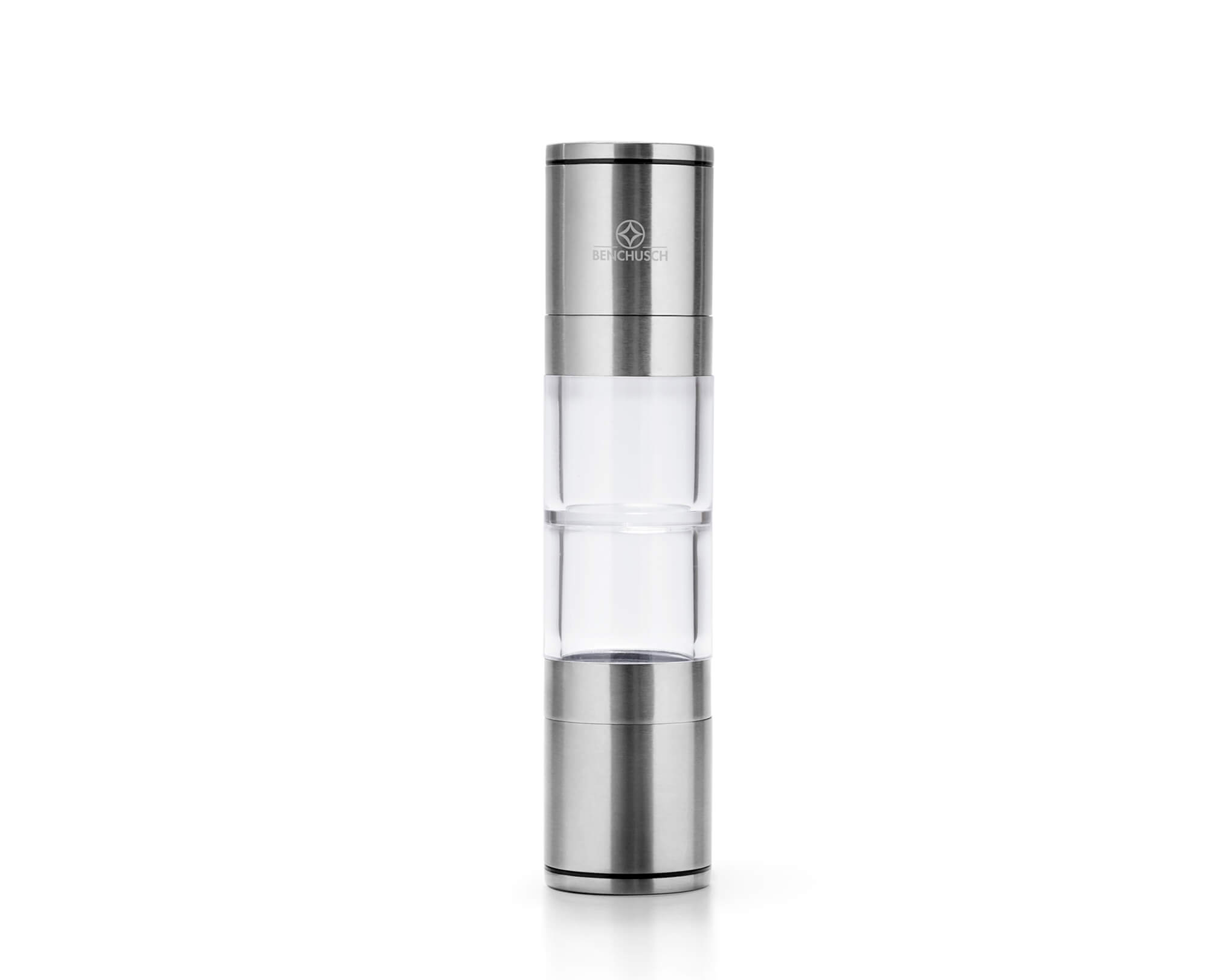 Benchusch Compact 2 in 1 Salt and Pepper Grinder with empty transparent acrylic chamber on the white background