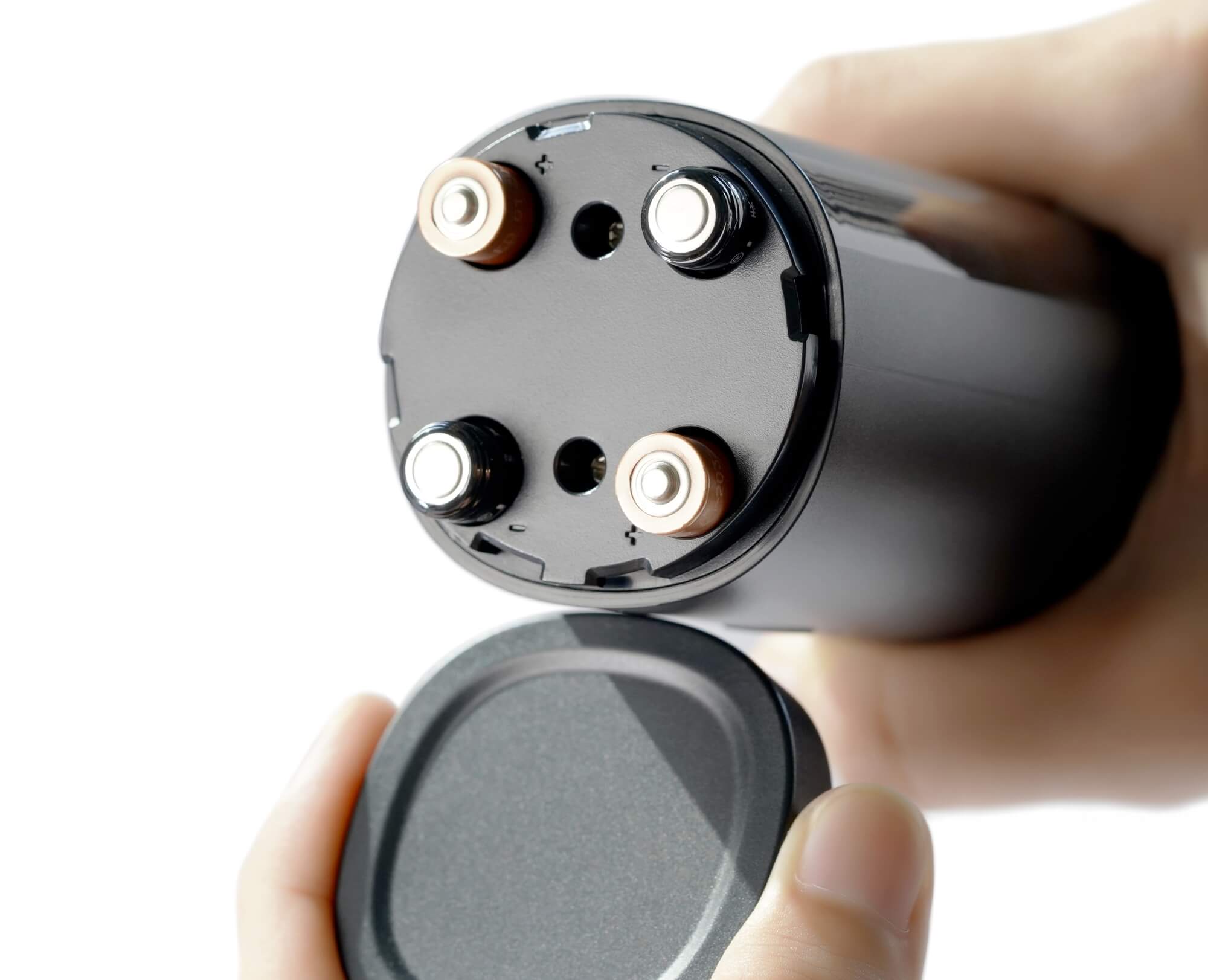 Closely view Battery Compartment of Benchusch Modern Electric Gravity Pepper Grinder on the white background