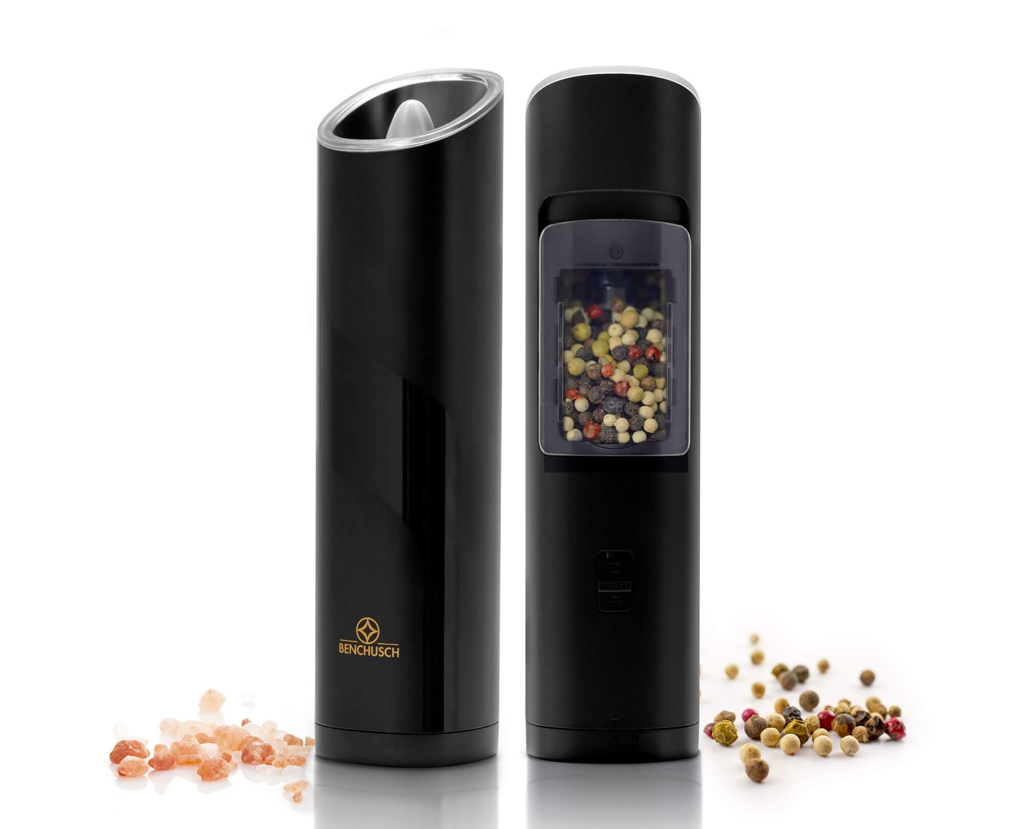 Benchusch Modern Electric Gravity Pepper Grinder with pepper on the white background